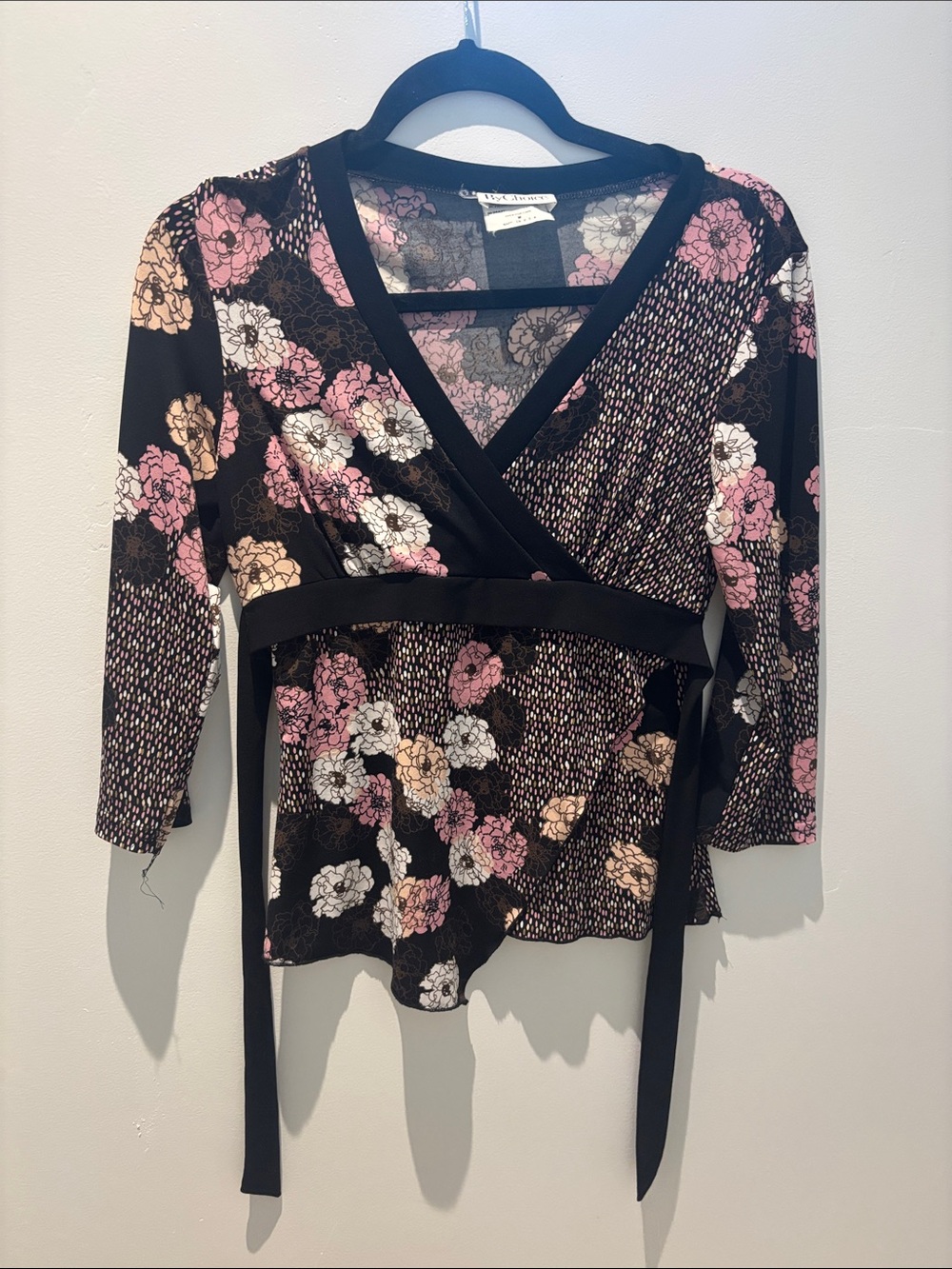 Floral Wrap Top in Black with Pink & Cream Flowers